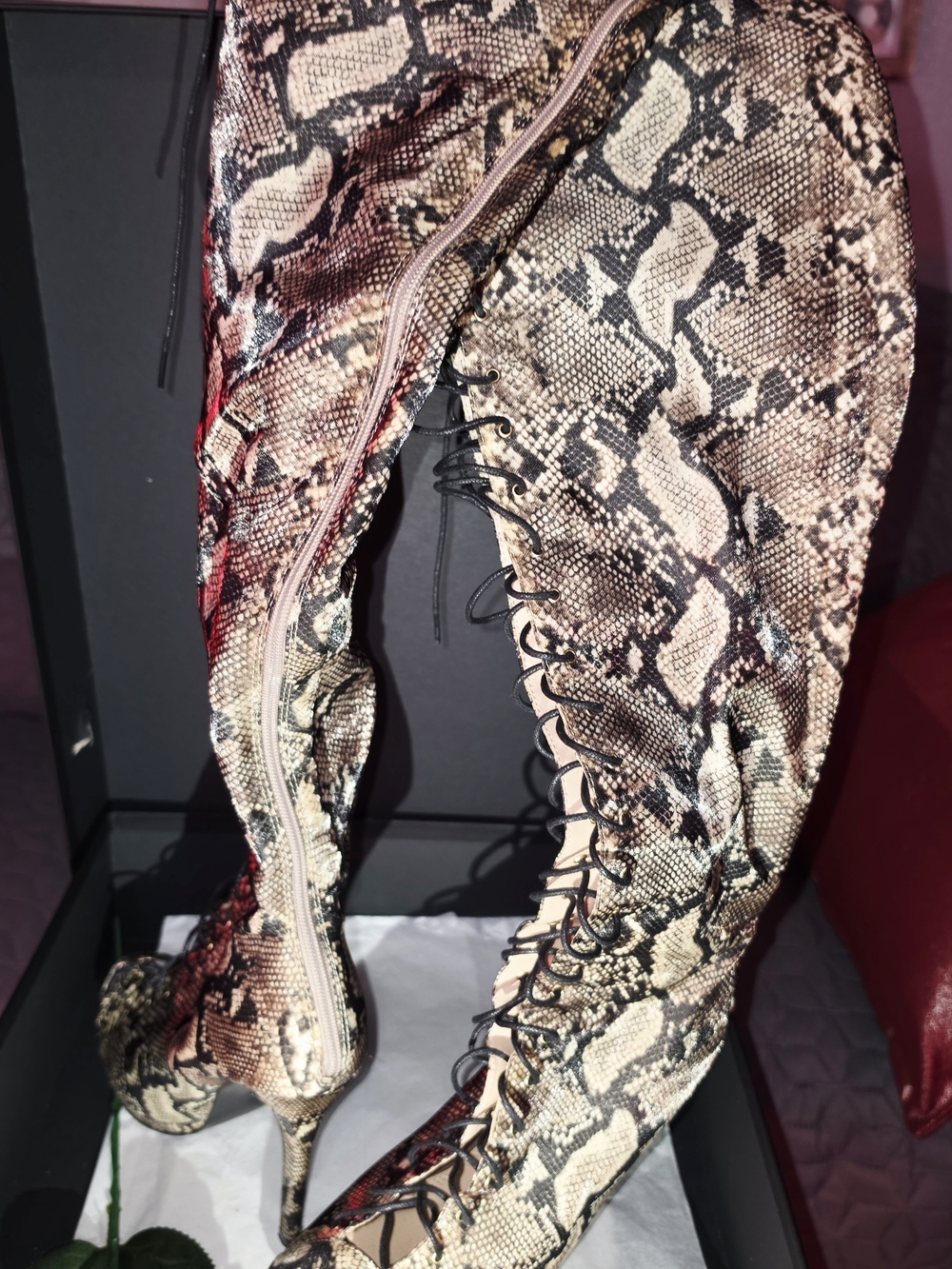 Snakeskin Lace-Up Thigh-High Reptile Print Boots - Beige Brown